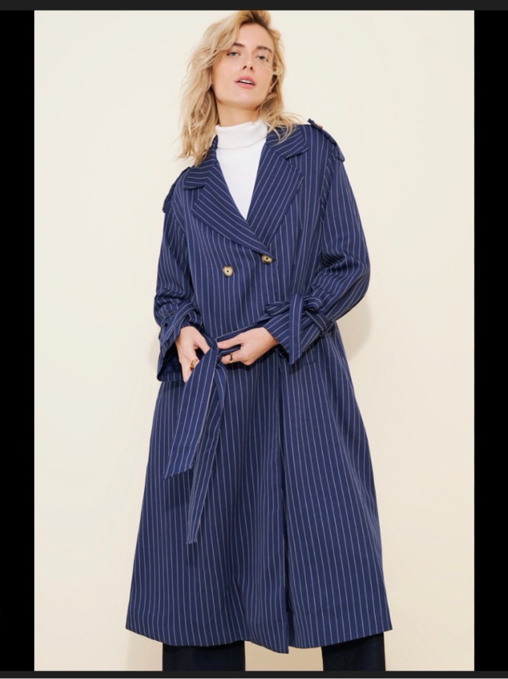 Pinstripe Navy Trench Coat - Women's Long Coat